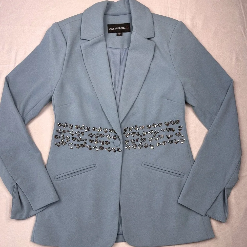 Single Button Blazer Women XXS Blue Embellished Studded Jacket Dopamine Dressing